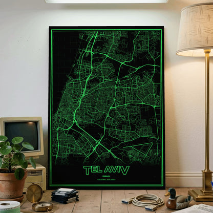 Tel Aviv Phosphor Map Poster - Phosphor Green