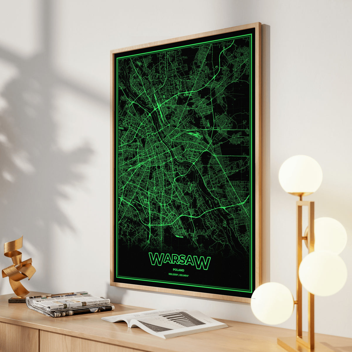 Warsaw Phosphor Map Poster - Phosphor Green
