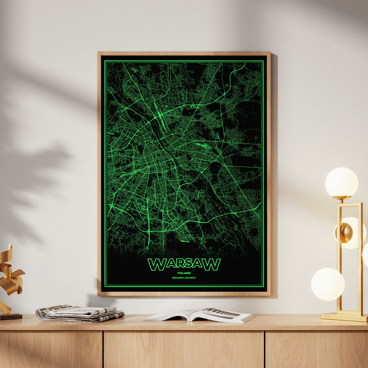 Warsaw Phosphor Map Poster - Phosphor Green