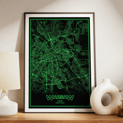 Warsaw Phosphor Map Poster - Phosphor Green