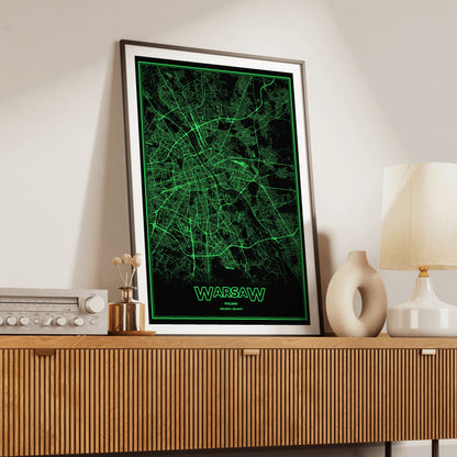 Warsaw Phosphor Map Poster - Phosphor Green