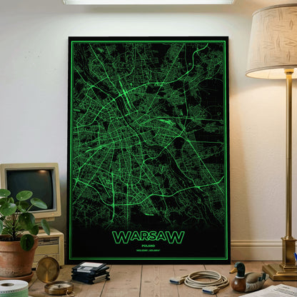 Warsaw Phosphor Map Poster - Phosphor Green