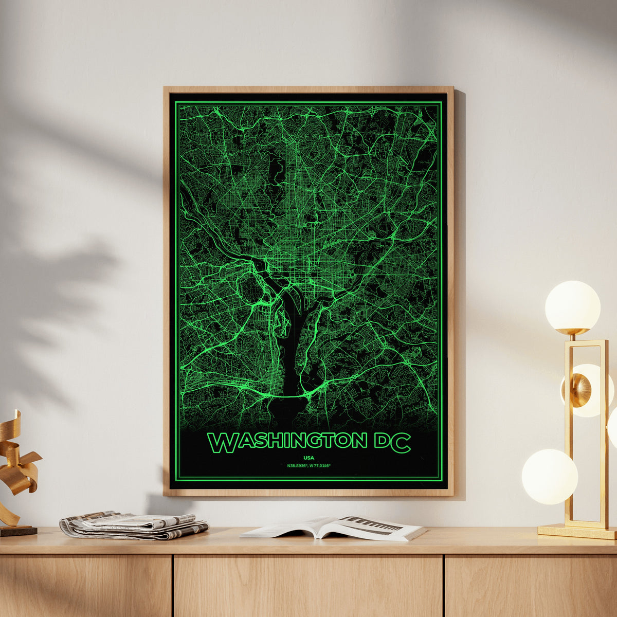 Washington DC Phosphor Map Poster - Phosphor Green
