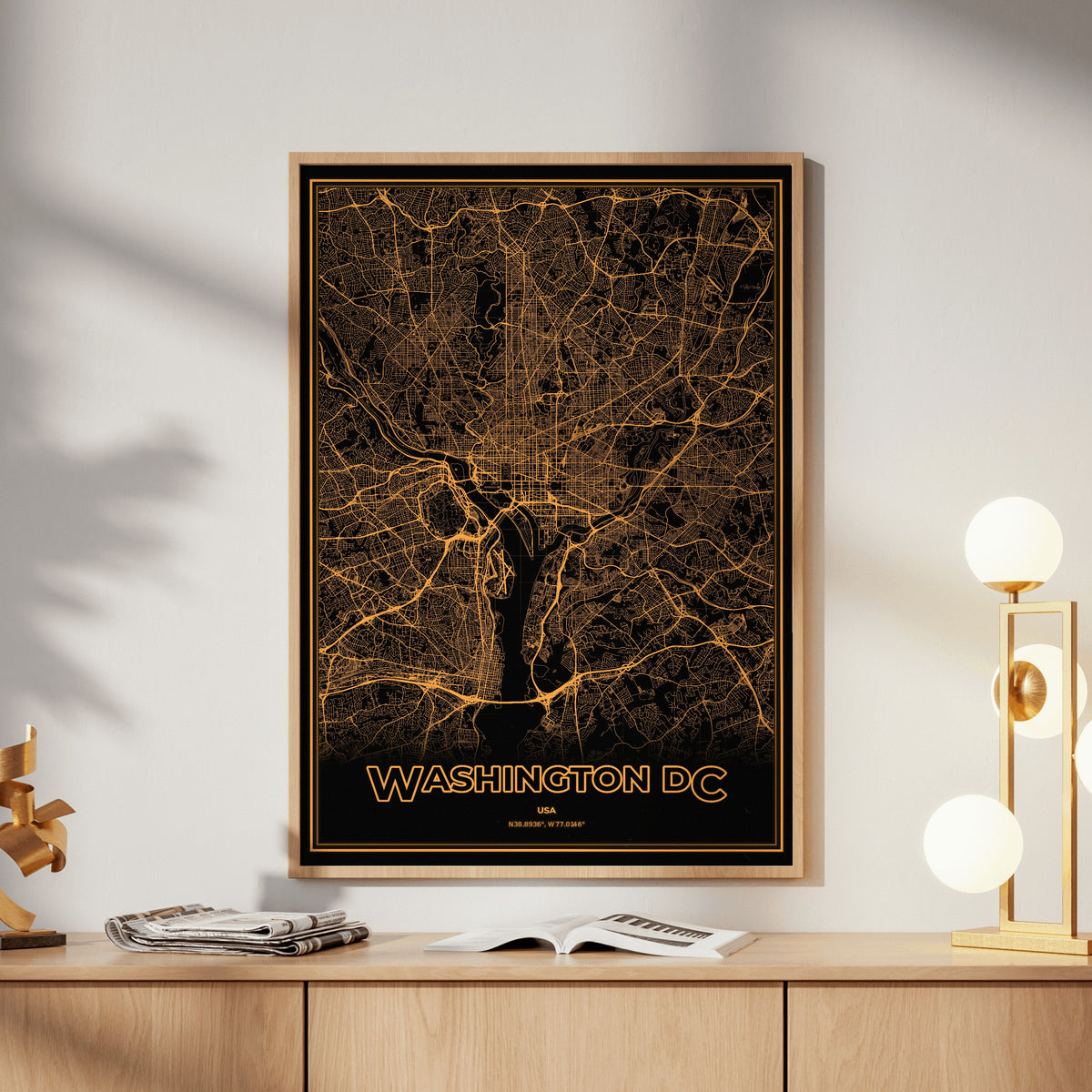 Washington DC Phosphor Map Poster - Amber CRT