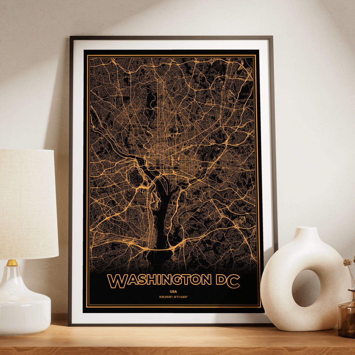 Washington DC Phosphor Map Poster - Amber CRT