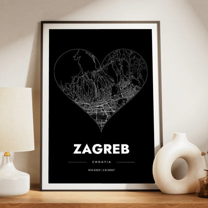 Zagreb Heart Map Poster