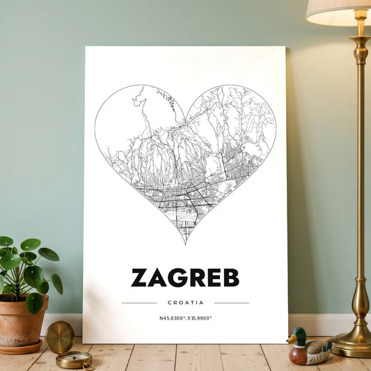 Zagreb Heart Map Poster