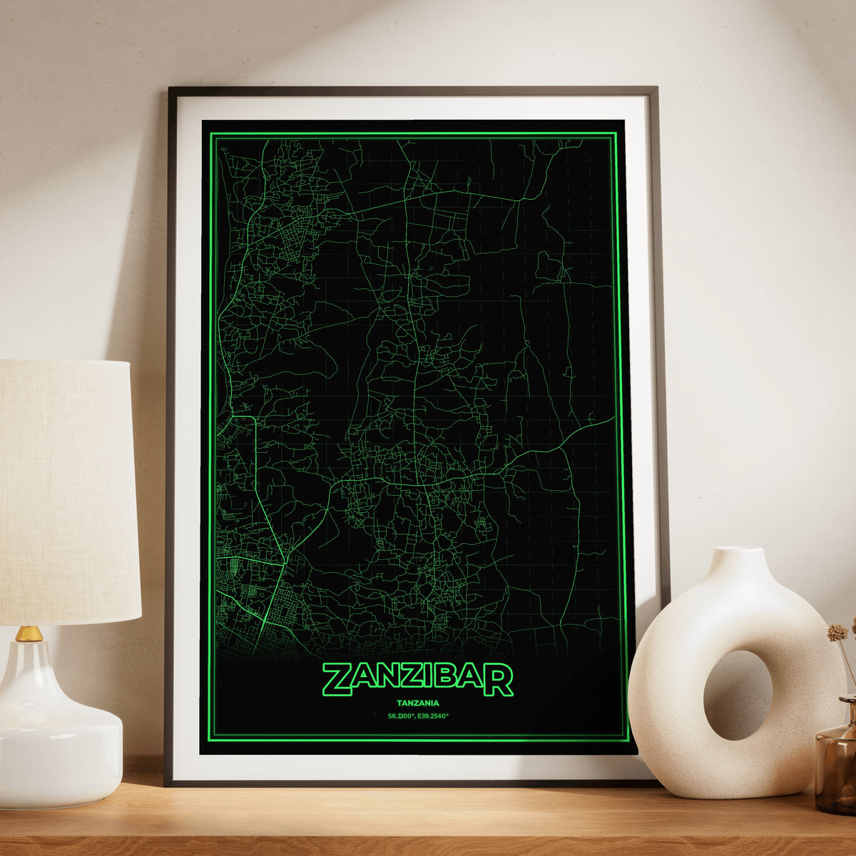 Zanzibar Phosphor Map Poster - Phosphor Green