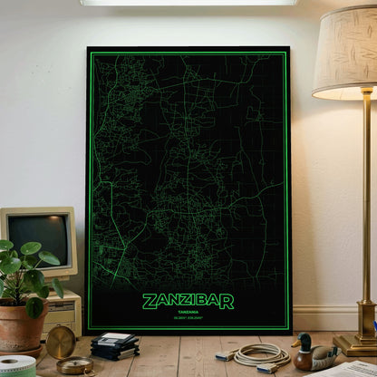 Zanzibar Phosphor Map Poster - Phosphor Green