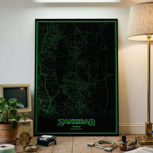 Zanzibar Phosphor Map Poster - Phosphor Green