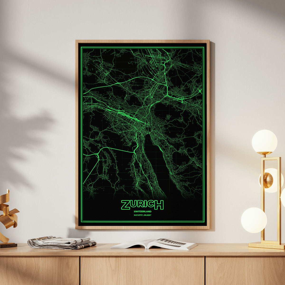 Zurich Phosphor Map Poster - Phosphor Green