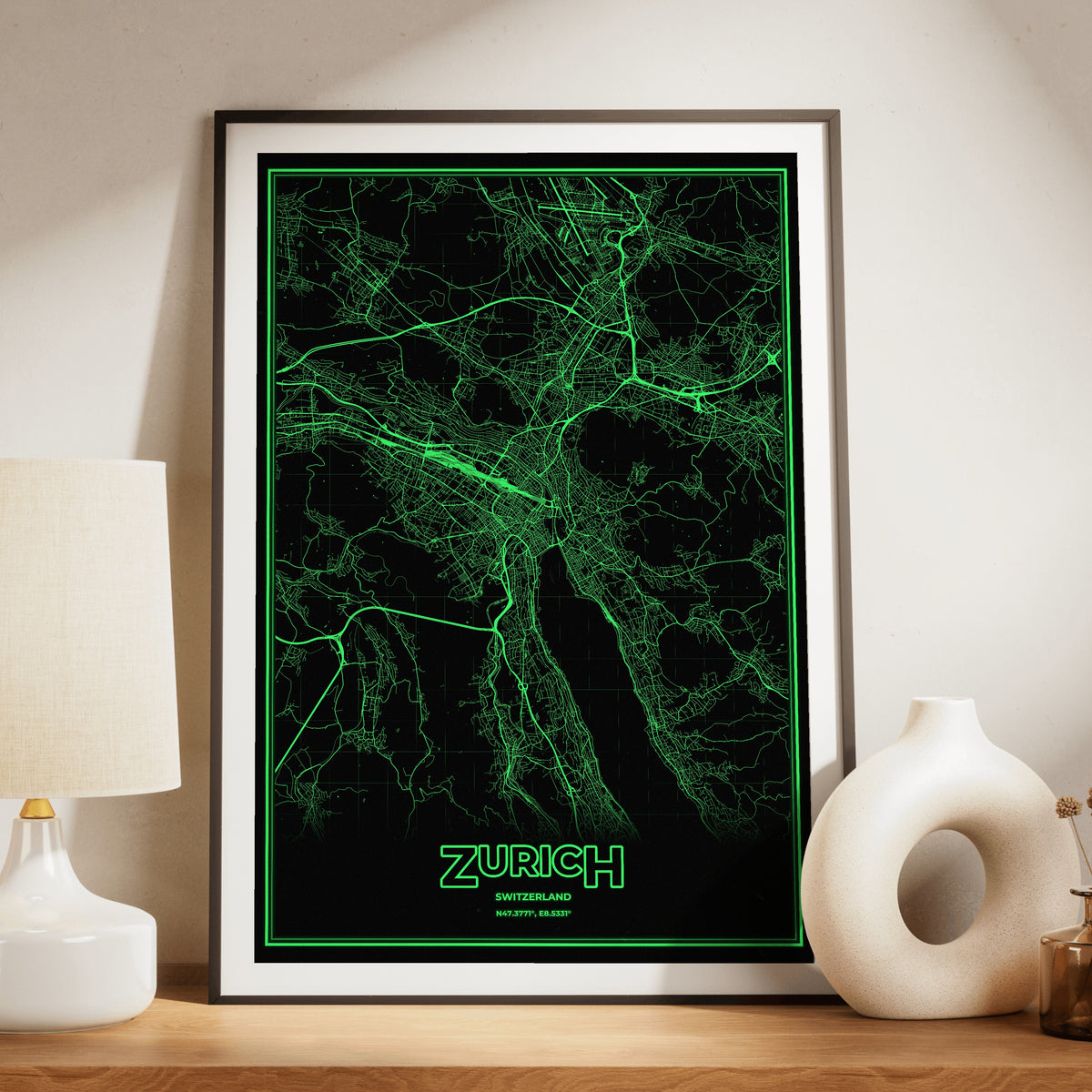 Zurich Phosphor Map Poster - Phosphor Green