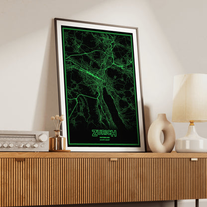 Zurich Phosphor Map Poster - Phosphor Green