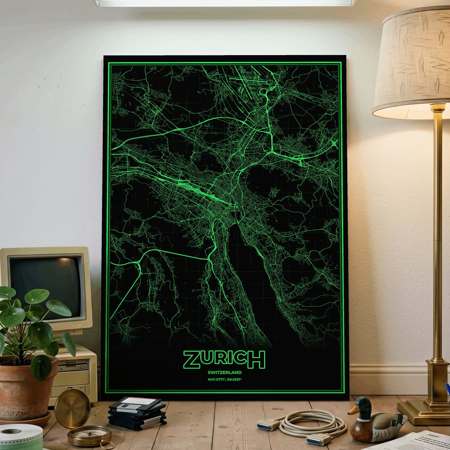 Zurich Phosphor Map Poster - Phosphor Green