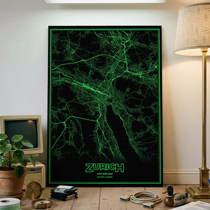 Zurich Phosphor Map Poster - Phosphor Green