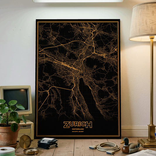 Zurich Phosphor Map Poster - Amber CRT